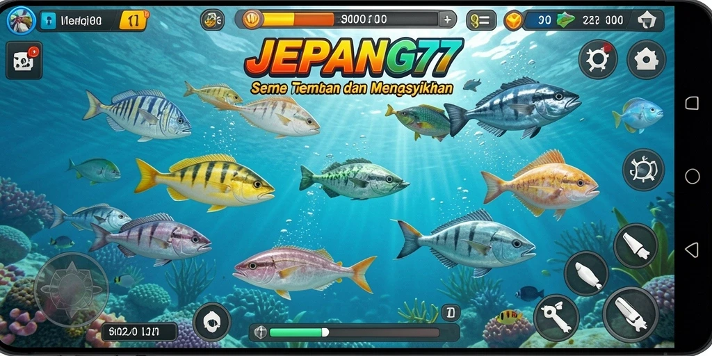 Tampilan gameplay seru JEPANG77 saat menembak ikan di lautan.