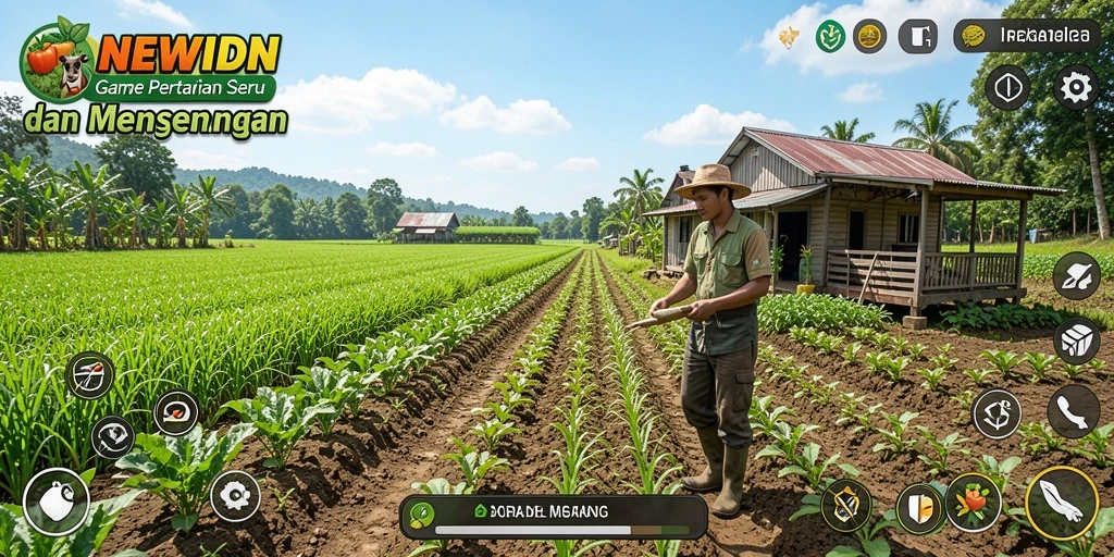 Screenshot gameplay pertanian seru di NEWIDN dengan tanaman subur.