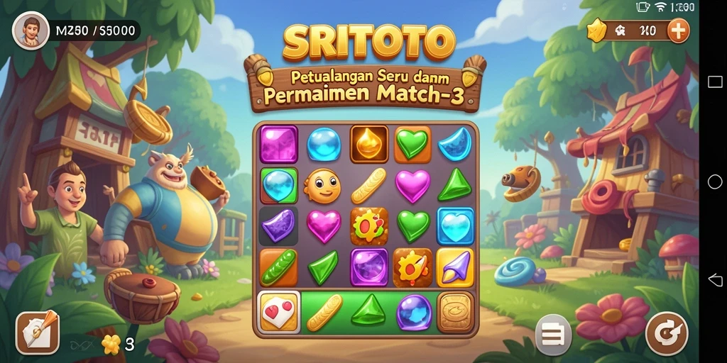 Tampilan gameplay menarik dari SRITOTO dengan elemen Match-3 yang ceria.