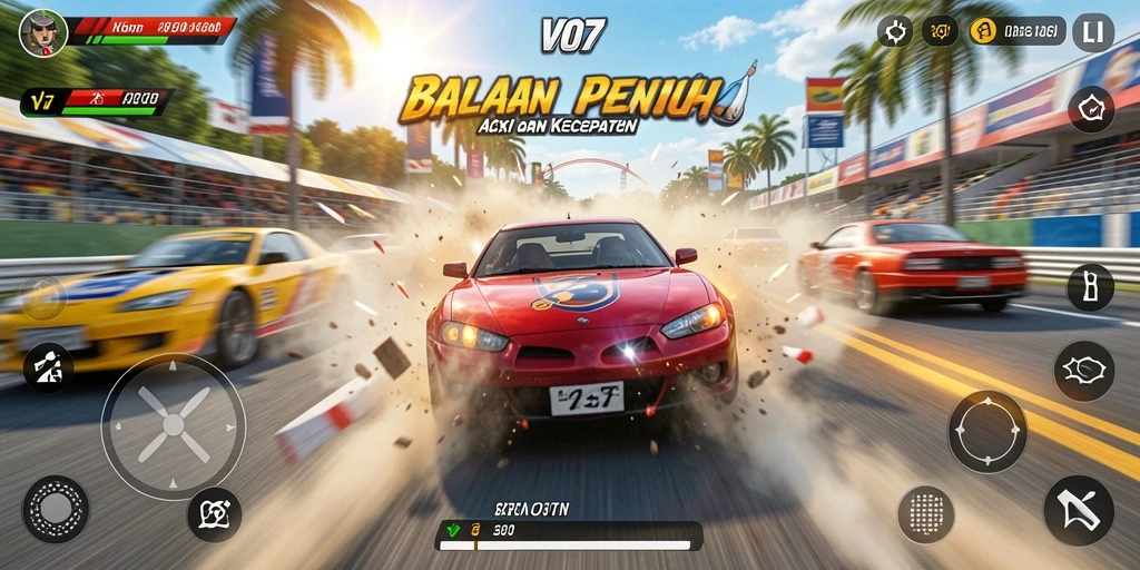 Screenshot utama V07 menunjukkan aksi balapan yang mendebarkan dan mobil cepat.